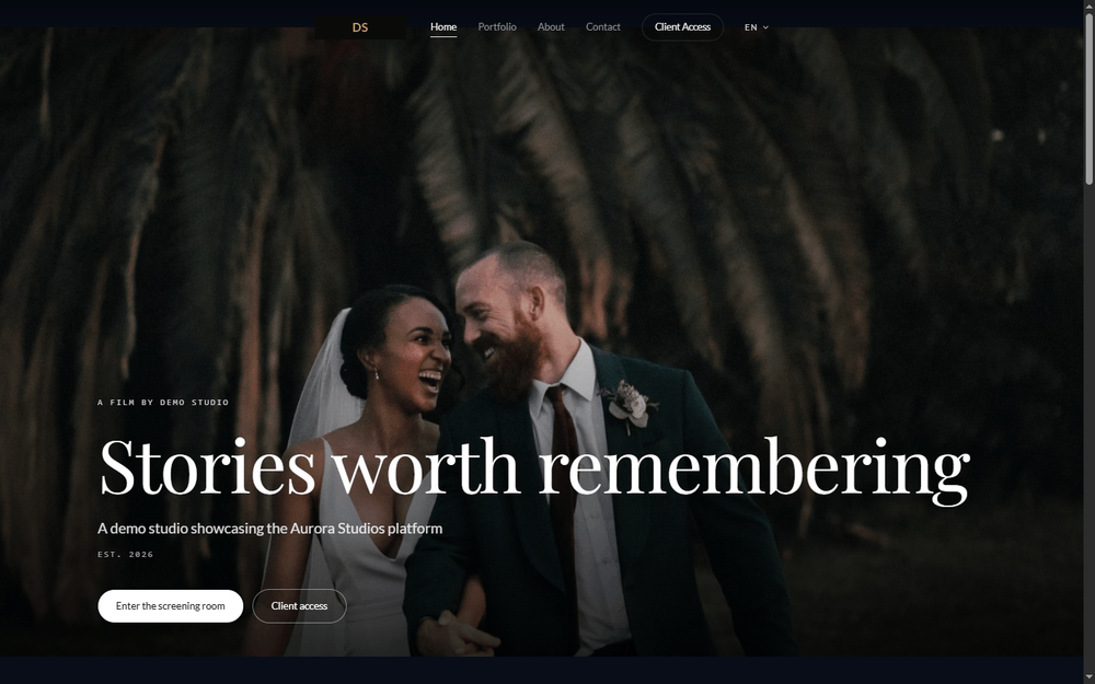 A real, custom-built Aurora Studios photographer website — Demo Studio.