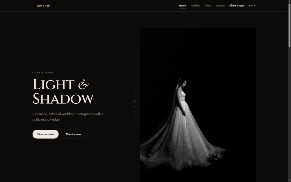 A real, custom-built Aurora Studios photographer website — Onyx & Ivory.